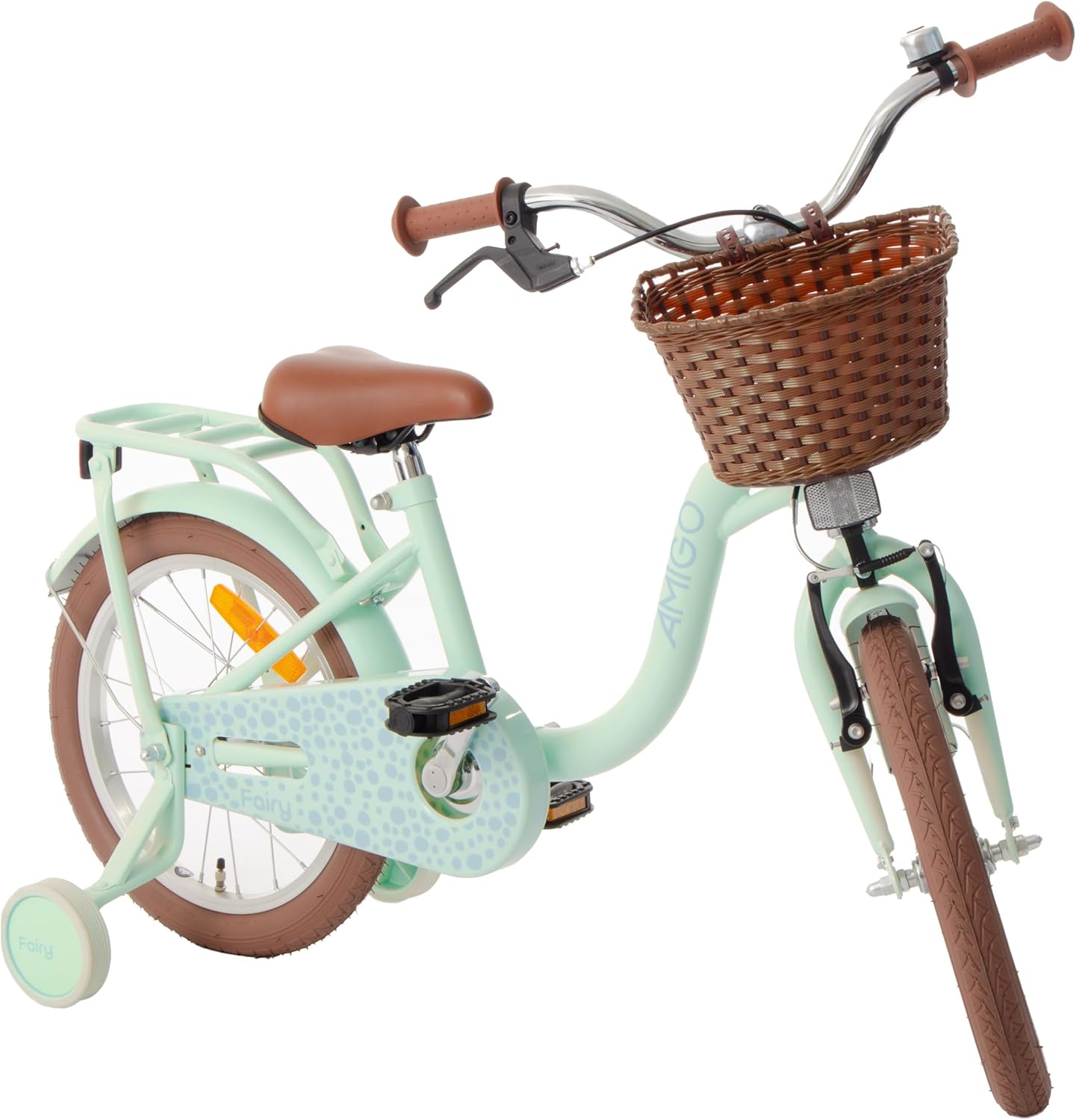 Girls Kids AMIGO Fairy Bike 16 Inch With Training Wheels Reverse Brake and V - Brake - Mint Green - Afanaya